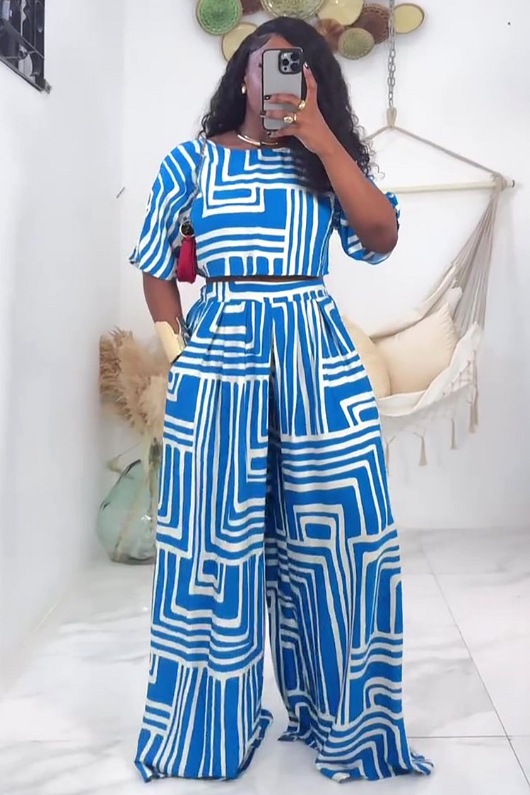 Rectangle Print Crop Top Wide Leg Pants Daily 2pcs Set-Orange