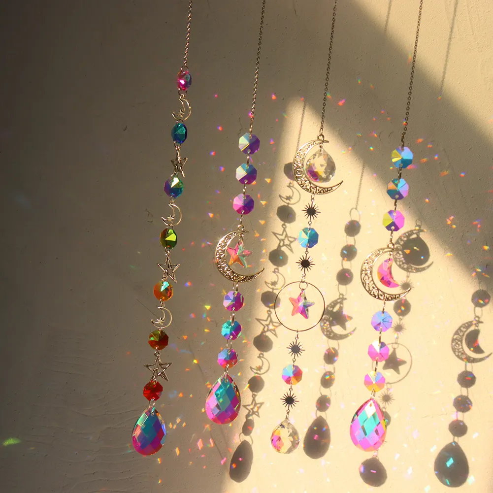Crystal Windchime Ornament Hexagonal Feather Butterfly Hanging Wall Pendant