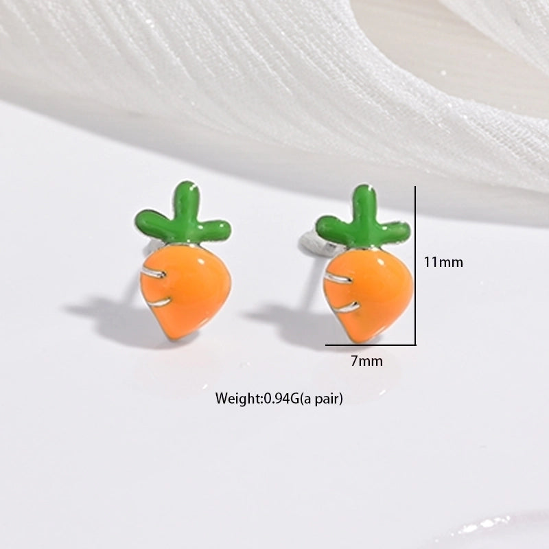 1 Pair 22K Gold Plated Rhodium Plated 925 Sterling Silver 925 Sterling Silver Earrings Peach Carrot Apple Ear Studs