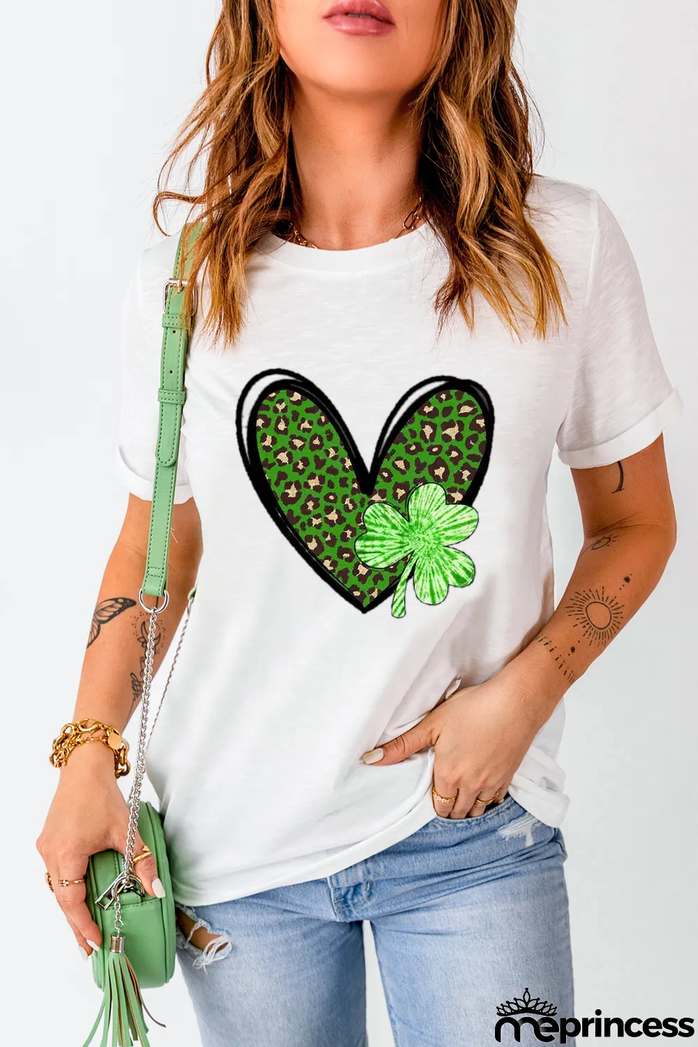 White Clover Leopard Heart Shaped Print Crewneck Graphic Tee