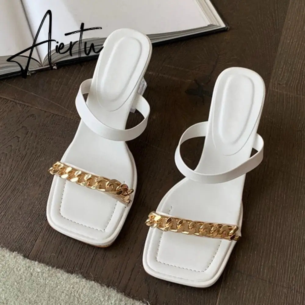 Transparent Chunky Heels Mules Slippers Ladies Fashion Metal Chain Design Pink Sandals For Women Open Toe Gladiator Shoes Slides Aiertu