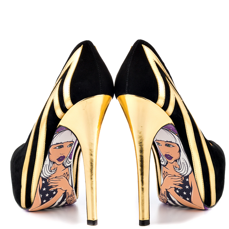 Black and Gold High Heels Platform Pumps with Printed Outsole |FSJ Shoes