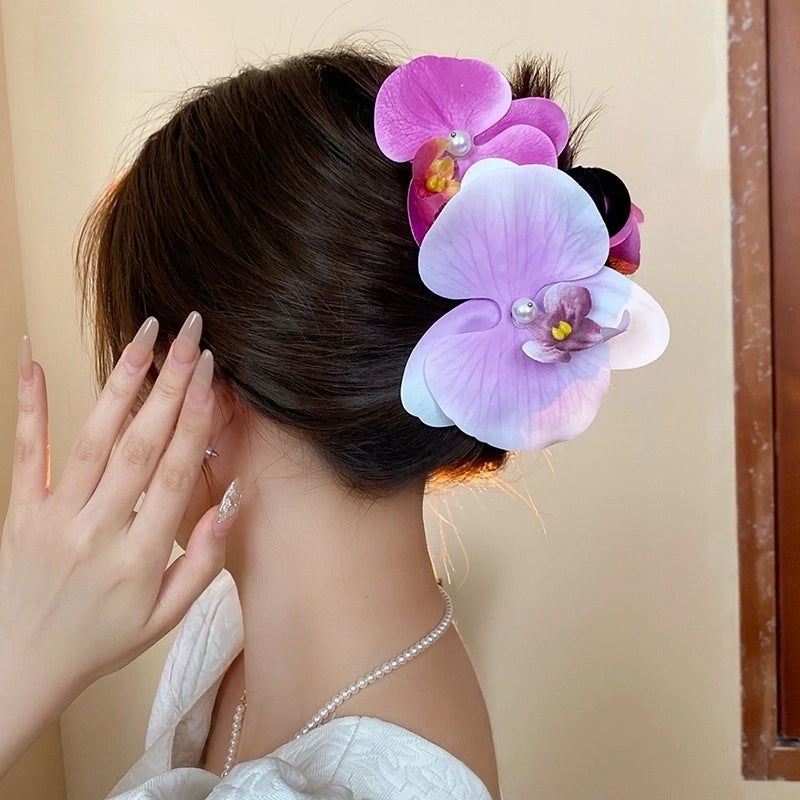 Colorful Pearl Phalaenopsis Flower Clip Sweet Back Head Updo Shark Clip Niche High-grade Hair Accessories