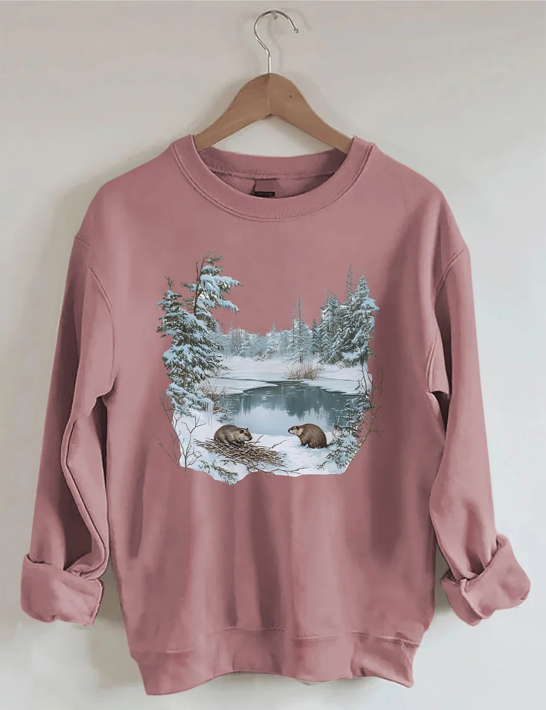 Beavers Winter Pond Snowy Scene Sweatshirt