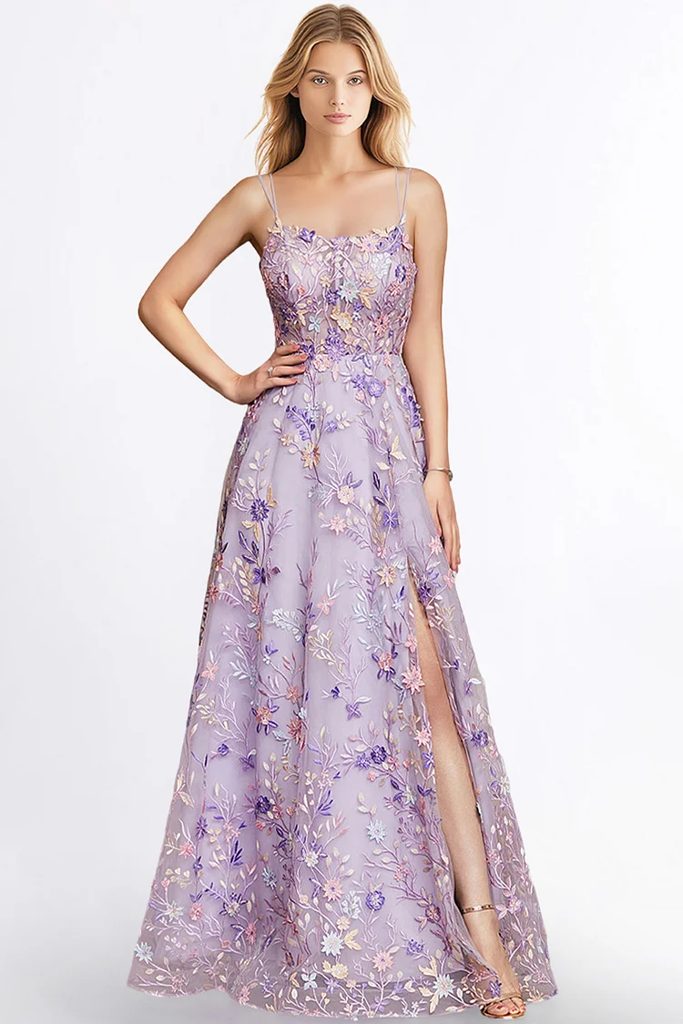 Zaruci Prom Purple Mesh Embroidery Slit Cami Maxi Dress [Pre-Order]