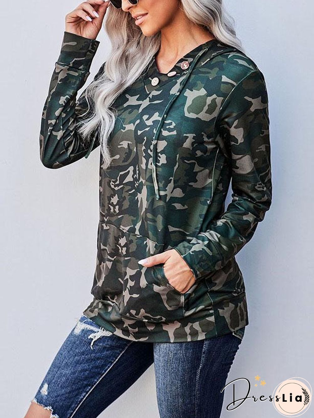 Chic V Neck Camouflage Printed Top