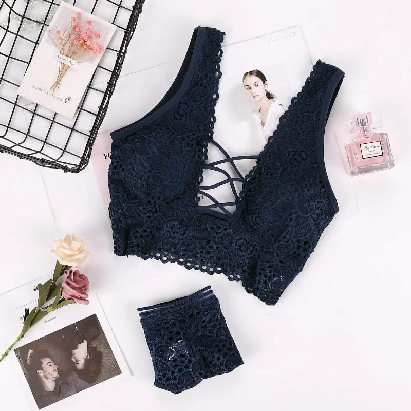 Women Bra Set Sexy Cross Straps Bra Panty Underwear Set Ladies Push Up Lace Hollow Intimates Briefs Lingerie Set Soutien Gorge
