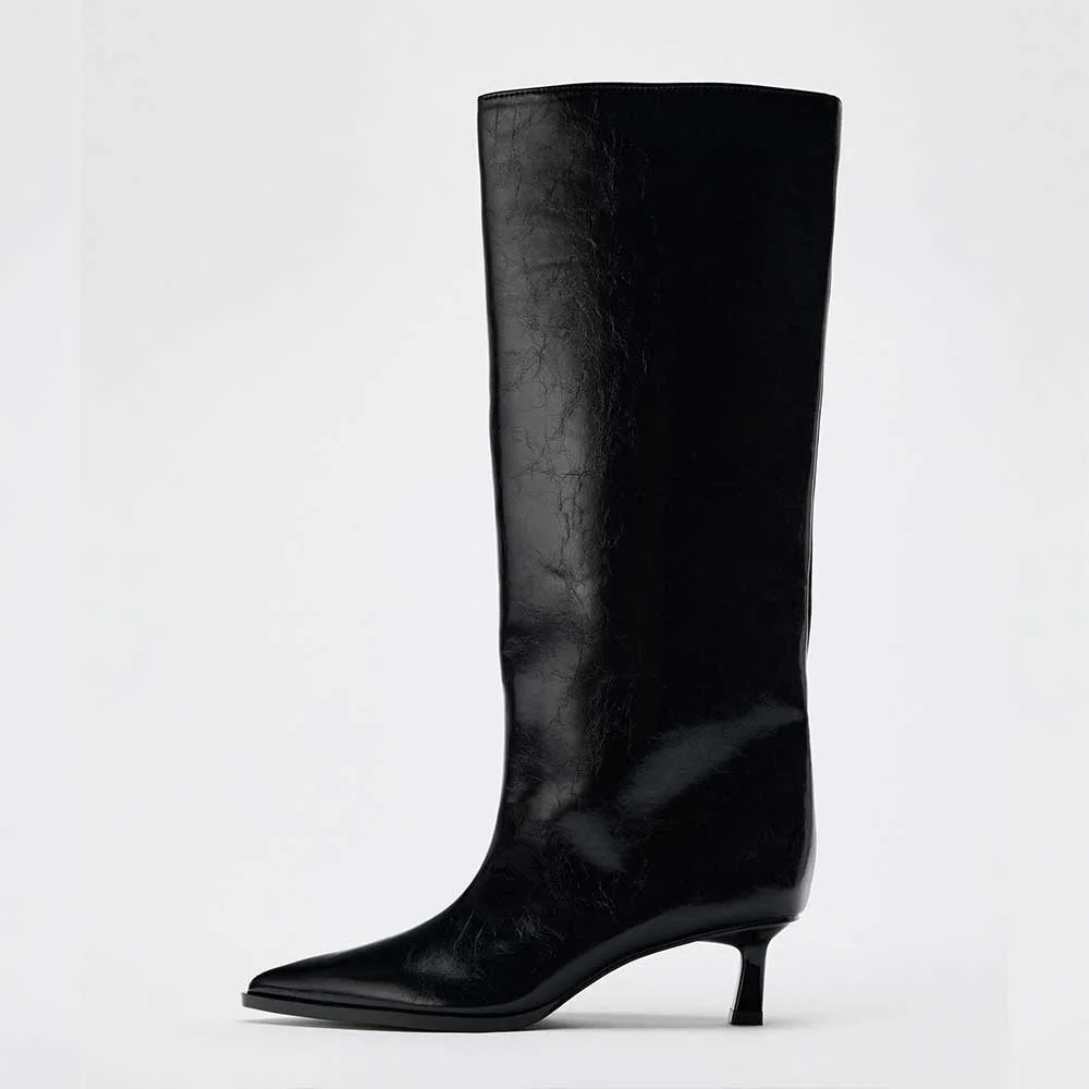 Black Kitten Heel Pointed Toe Pull-On Wide Leg Knee High Boots