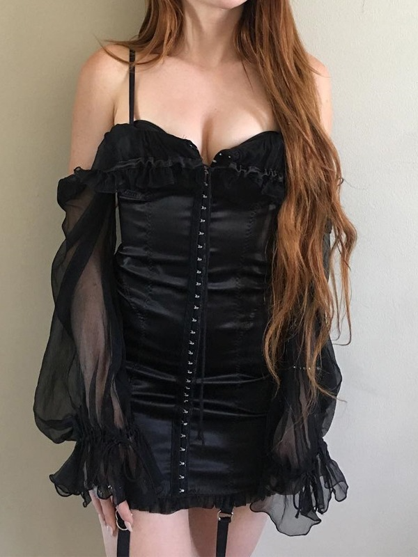 Sexy Goth Sleevless Dress+Sexy Solid Lace Paneled Goth Top 2 Pieces Setss