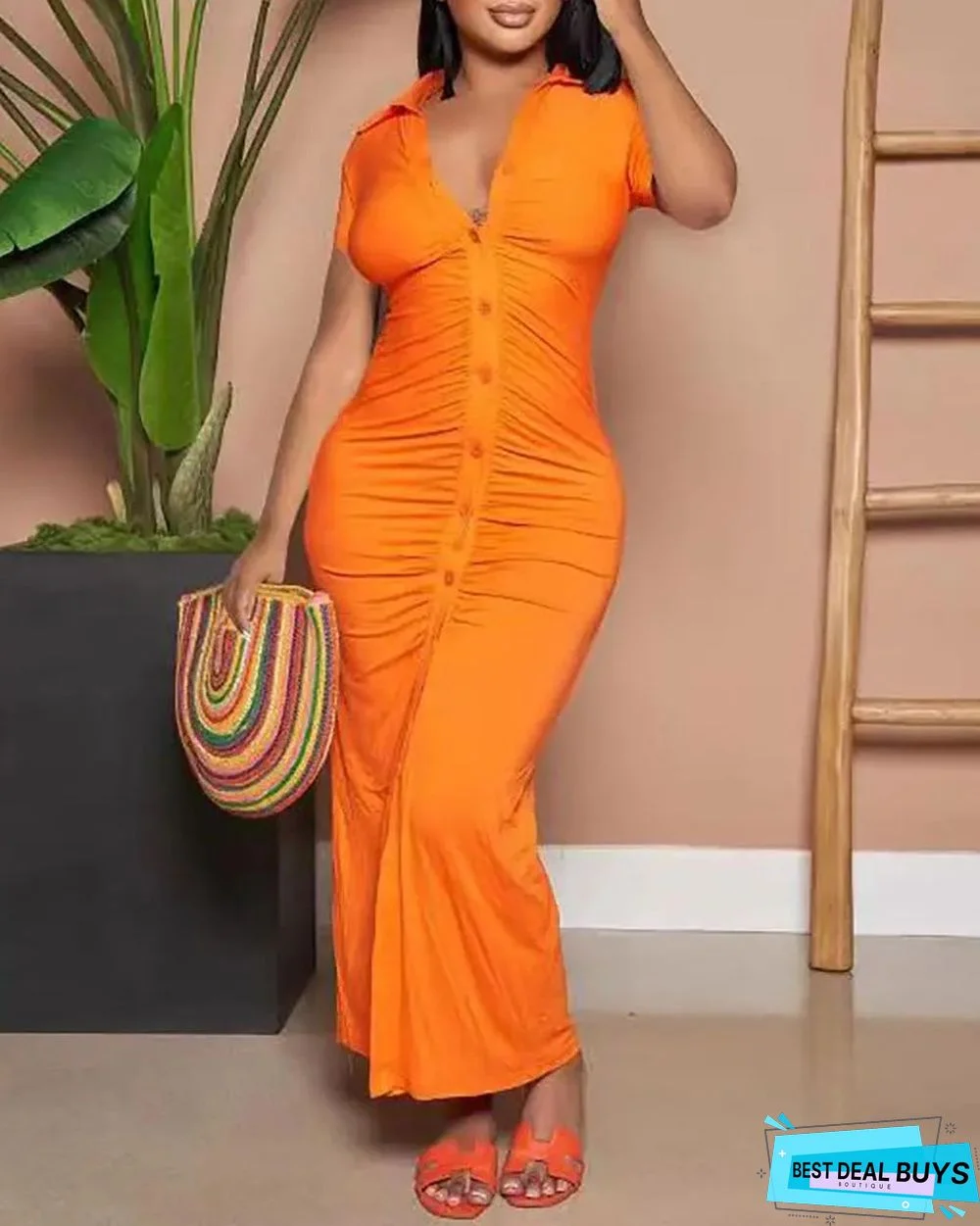 Short Sleeve Dress Solid Color Long Pleated Shirt Iridescent