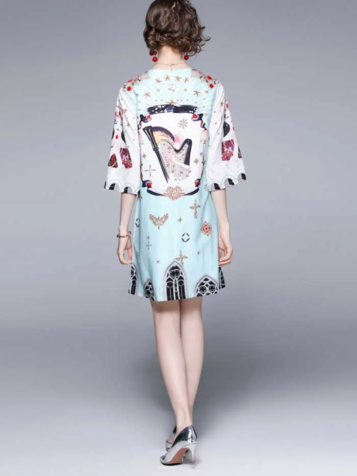 Fashion organ print round neck three-quarter sleeve pullover dress