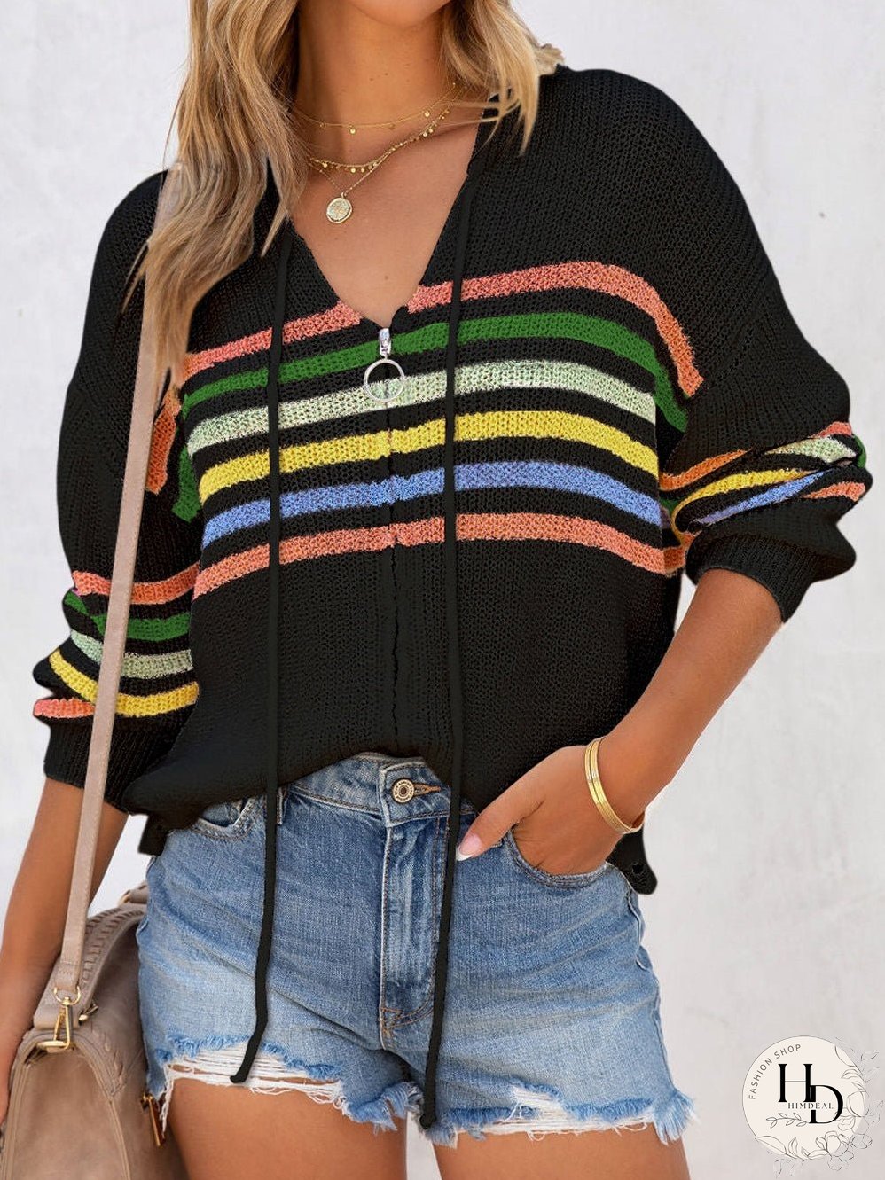 Rainbow Striped Hooded Sweater Cardigan