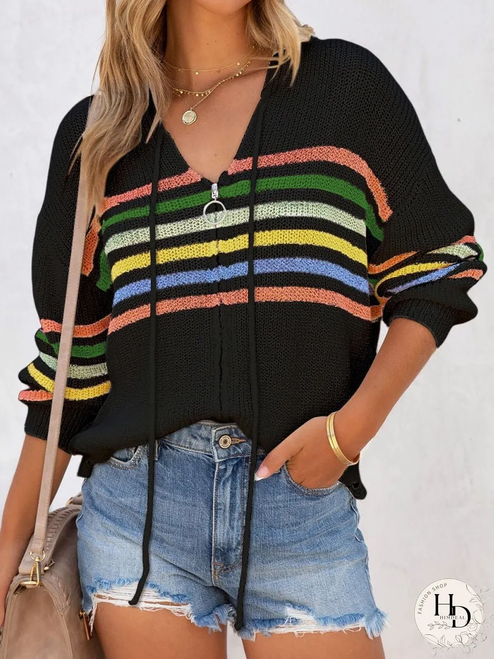 Rainbow Striped Hooded Sweater Cardigan