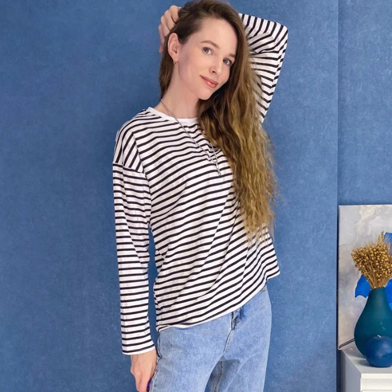 Casual Blue and White Stripes Long Sleeves Tops