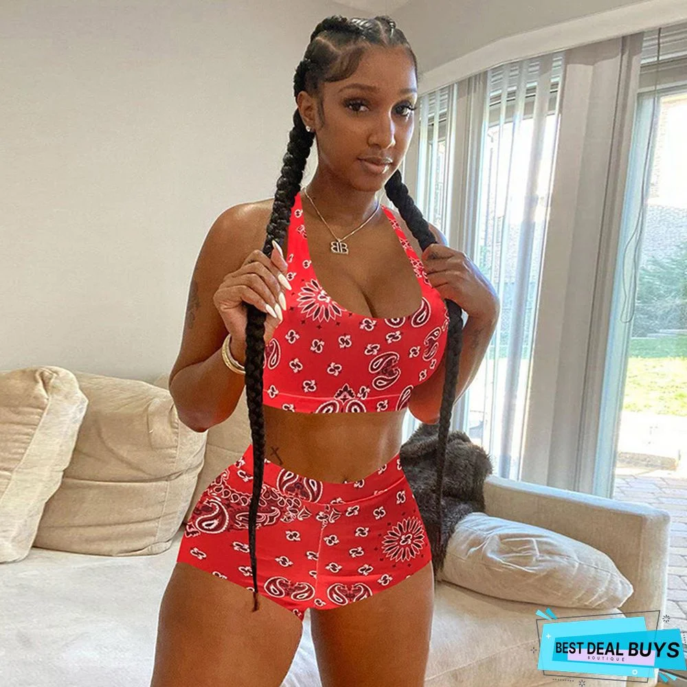 Women Summer Print Sleeveless Top and Casual Shorts Two-Piece Set
