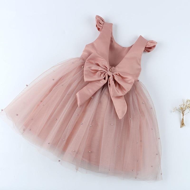 1-5Y Summer Princess Dresses for Girls Kids Tulle Wedding Party Gown Backless Birthday Children's Dresses Girl Pearl Bow Costume