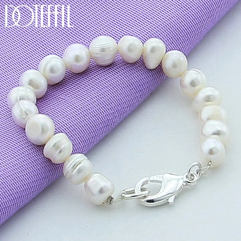 DOTEFFIL Natural White 8mm Pearl Bracelet 925 Sterling Silver Buckle For Woman Jewelry