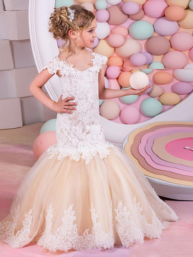 Oknass Cap Sleeve Boat Neck Flower Girl Dress Lace Tulle With Appliques  Splicing