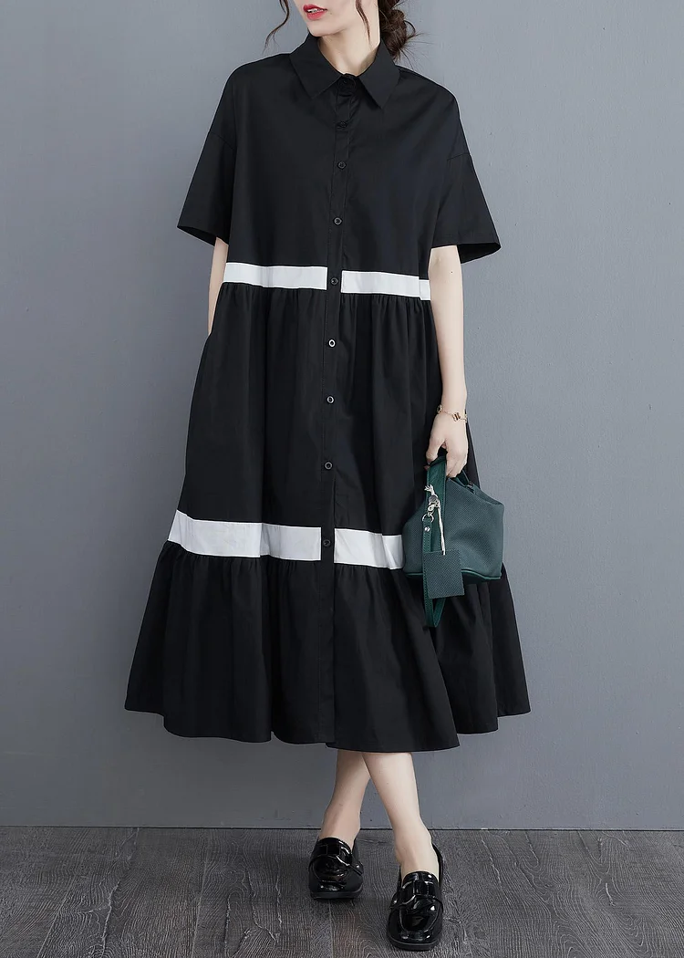 Style Black Patchwork Cotton Button Summer Vacation Dresses