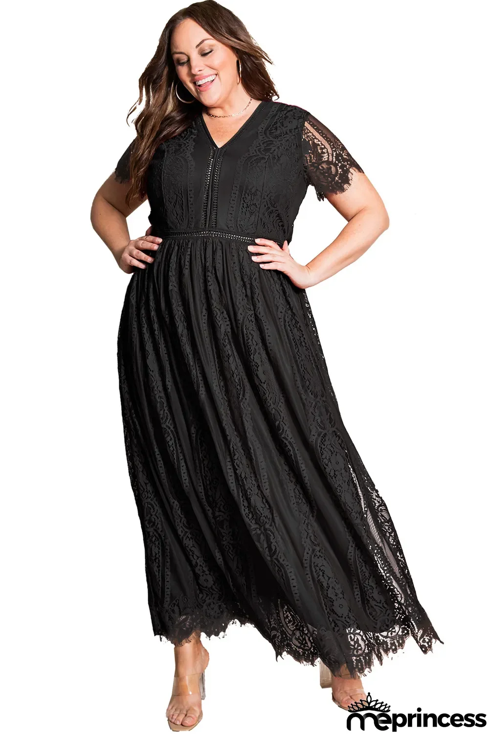Black Eyelash Lace Short Sleeve Curvy Maxi Dress