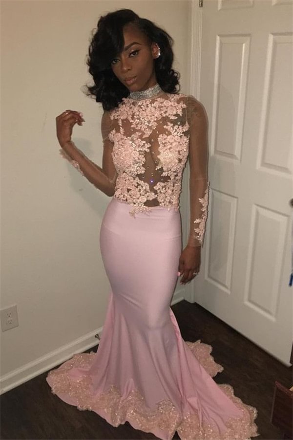 Luluslly High Neck Long Sleeves Pink Prom Dress Lace Appliques Mermaid Party Gowns