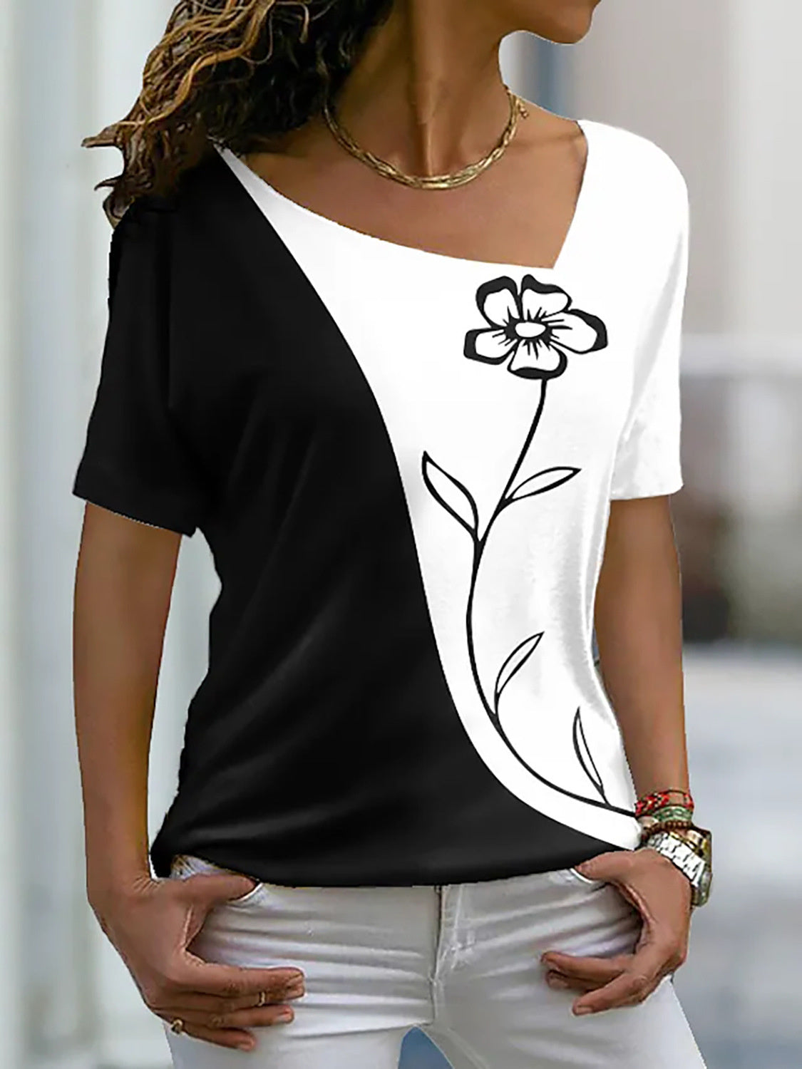 Women Long Sleeve V-neck Graphic Floral Printed Top