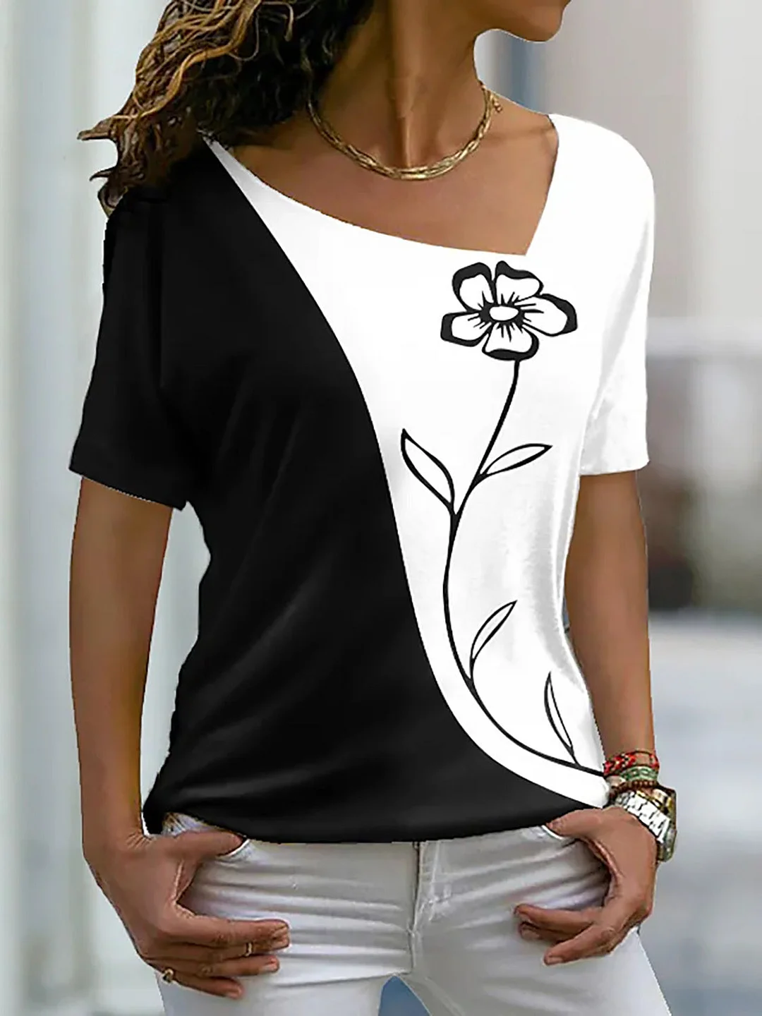 Women's Short Sleeve L-neck Floral Printed Casual Top