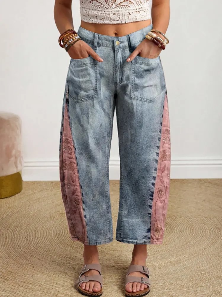 Women's Floral Patchwork Art Print Denim Jeans