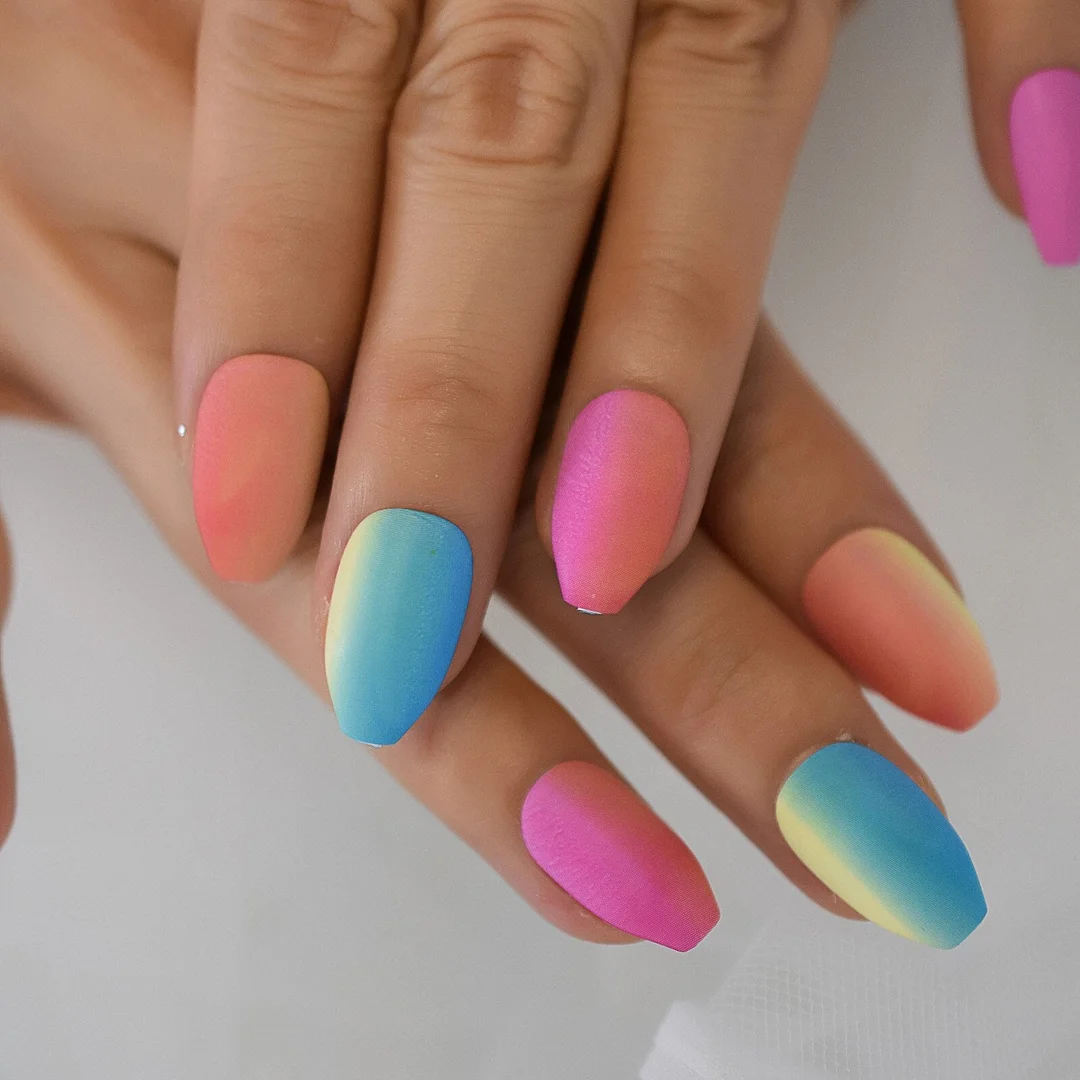 Rainbow Color Pattern Medium Coffin Nails Neon Reusable Gel Tips Detachable Fakw Nails Full Cover Nails Fingernails Echiqnails-Nail Inspo