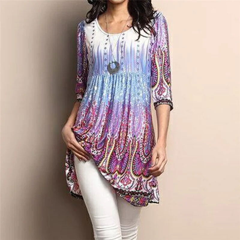 Women Fashion Tops Bohemian Three Quarter Sleeve Paisley Floral Print O-neck Muti Colors Loose Female Long Tops Plus Size