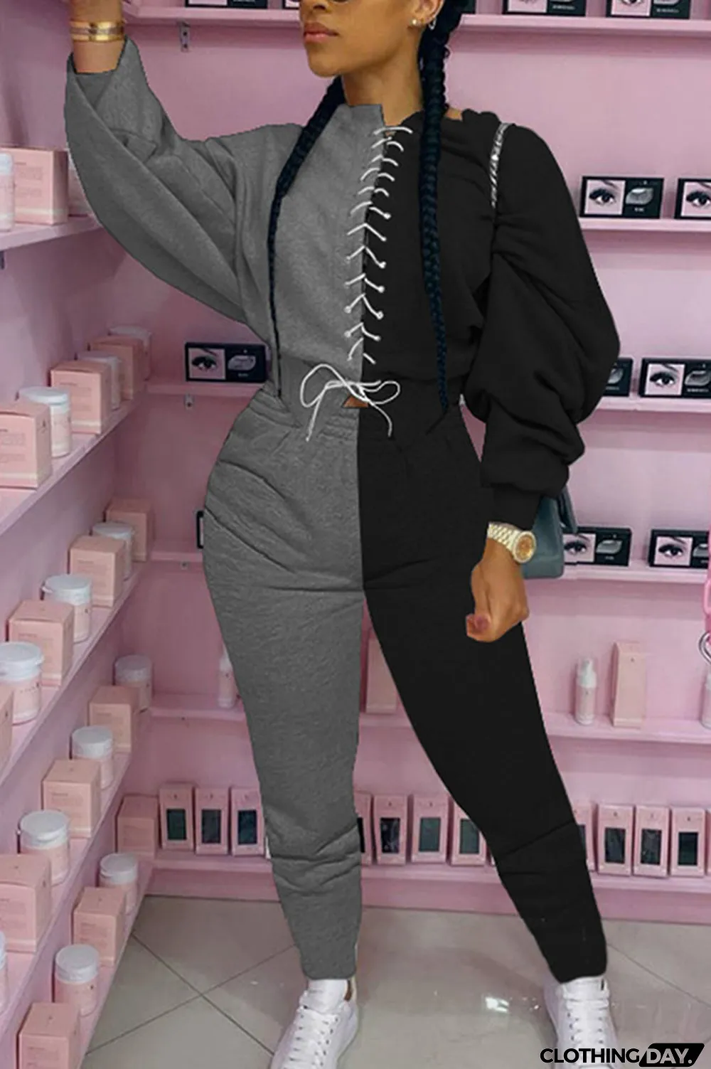 Grey Casual British Style Polyester Fiber Patchwork Solid Bandage Split Joint Pants Strap Design O Neck Long Sleeve Regular Sleeve Regular Two Pieces