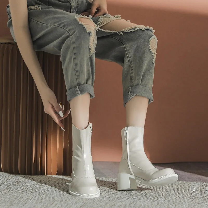 Brand Design Platform Motorcycle Boots Women Round Toe Black Punk Boots Lace Up Belt Pocket Thicken Fashion Botas Mujer