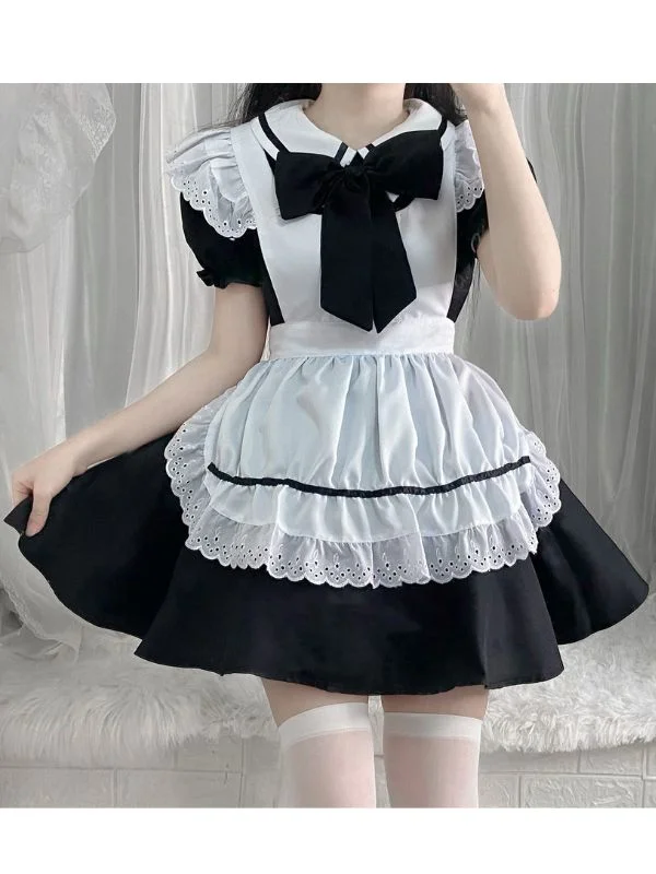 Lolita Bubble Sleeve Peter Pan Collar Bowknot Paneled Ruffled Mini Maid Dress