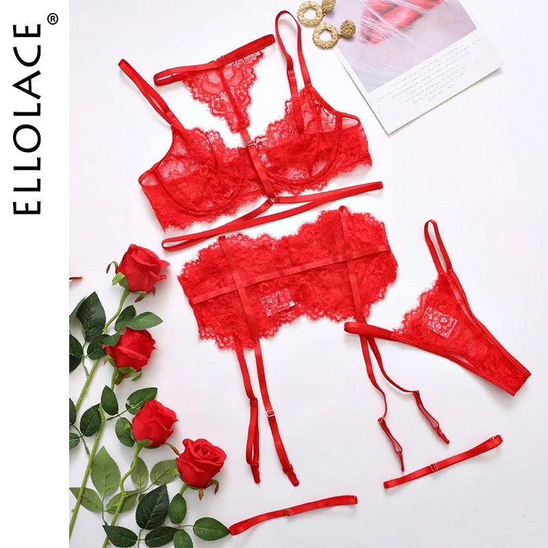 Ellolace Sensual Lingerie Sexy Lace Halter Erotic Costumes 4-Piece Underwire Bra Thongs Exotic Set Garters Intimate Bottom Whore 514-1