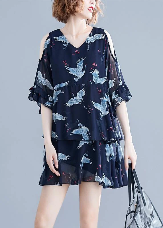 Chic navy print chiffon dresses Vintage Outfits v neck Ruffles Summer Dresses