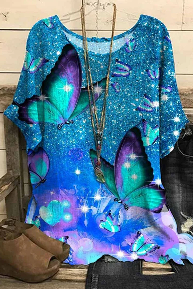Flycurvy Plus Size Casual Blue Cotton And Linen Glittering Butterfly Print Blouse  Flycurvy [product_label]