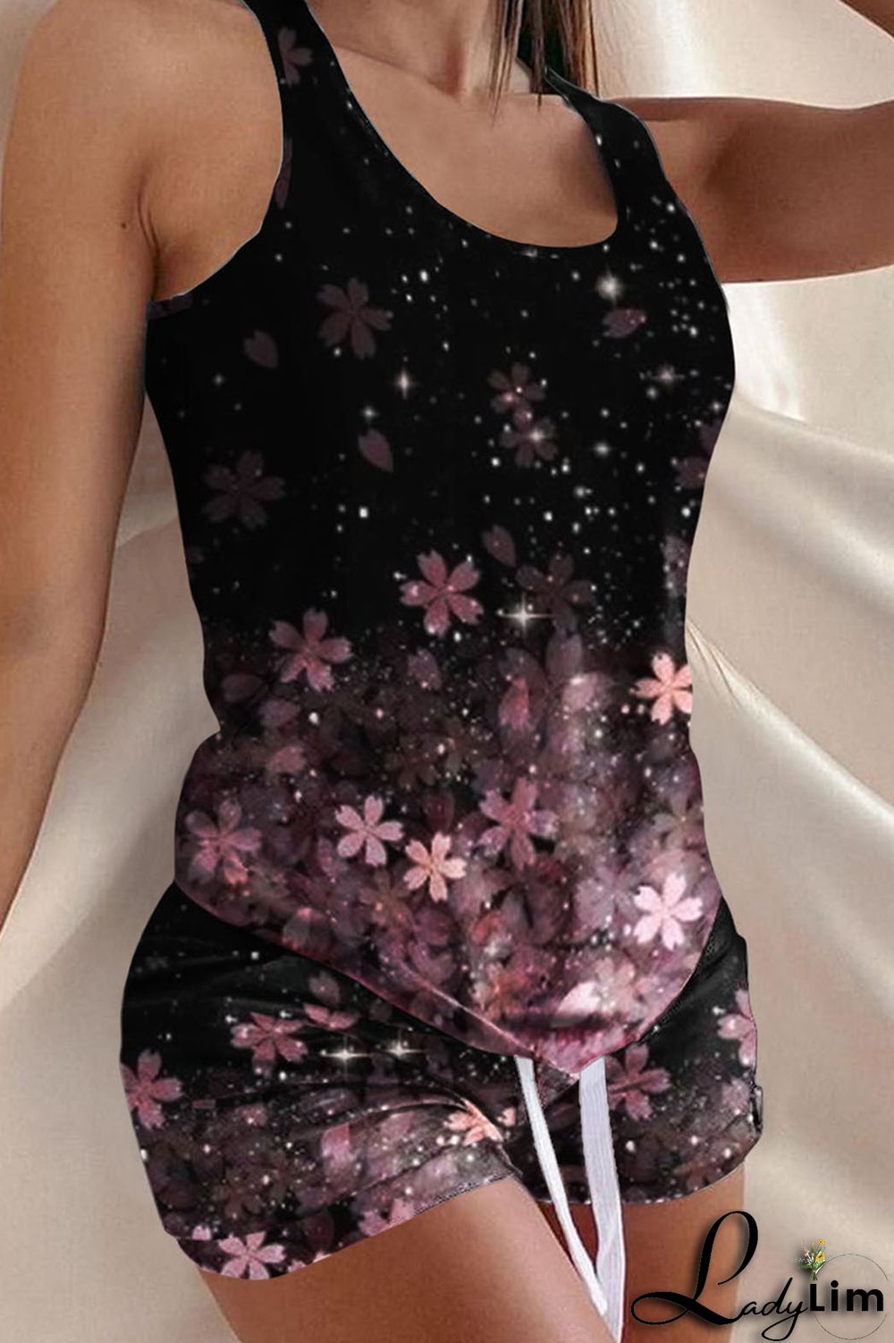 Black Pink Fashion Casual Print Basic U Neck Sleeveless Two Pieces