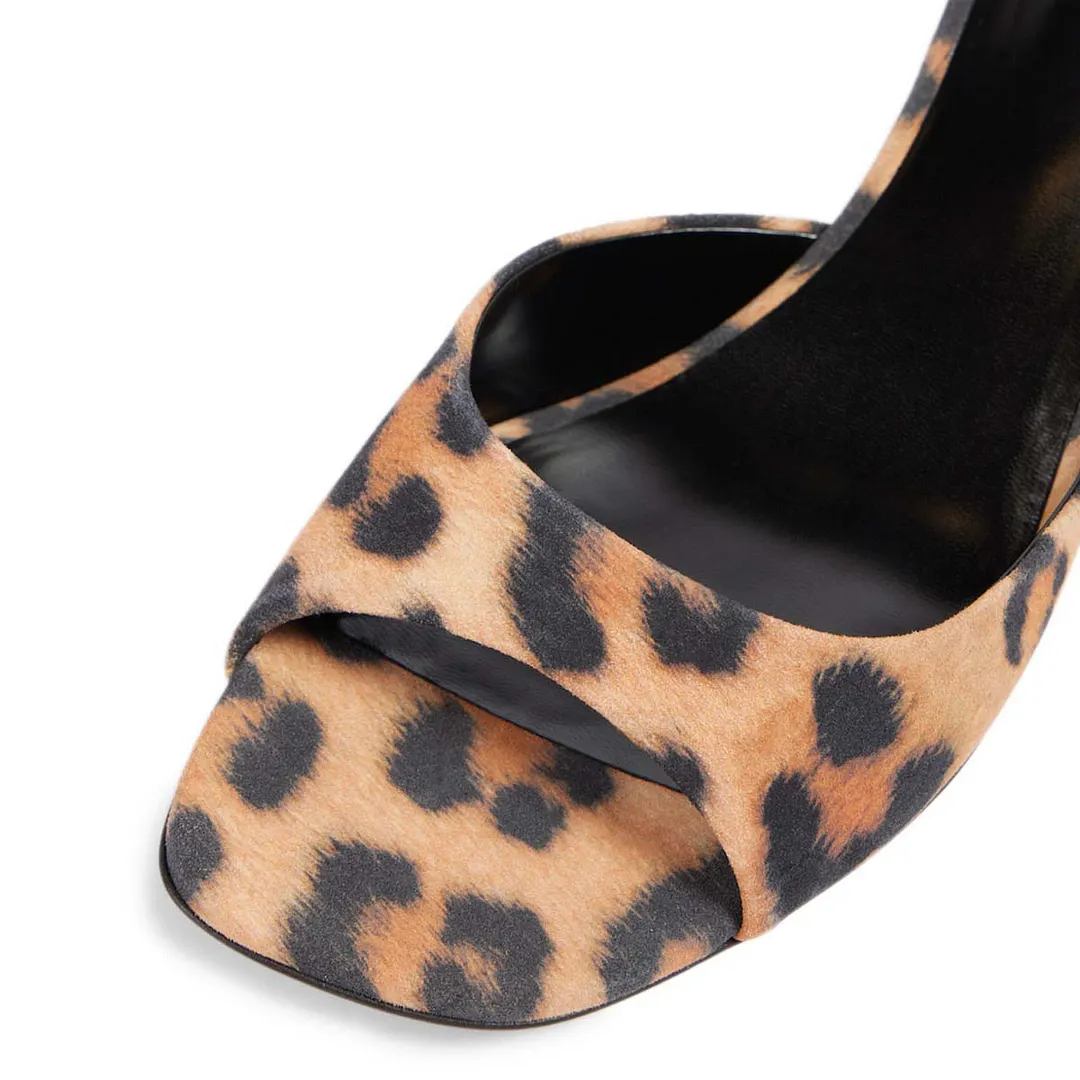 YDN Leopard Print Open Square Toe Slip-On Chunky Heeled Mules