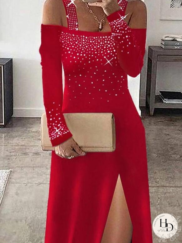 Dresses Hot Rhinestone Sling One Shoulder Slit Dress for Women