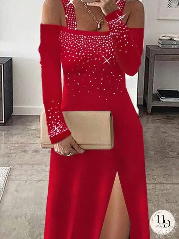 Dresses Hot Rhinestone Sling One Shoulder Slit Dress for Women