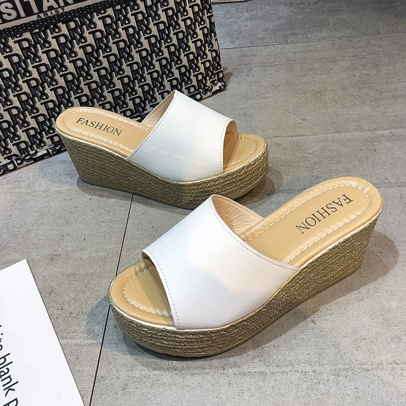 Breakj Breakj Cake Slippers Women Cool Drag Slope With High Heel 7CM Word Drag Leather Large Size Women's Shoes 35-42 Perennial