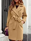 Urban Solid Color Long Sleeves Lapel Belted Loose Woolen Outerwear