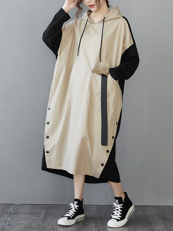 Hooded Solid Color Patchwork Midi Dress
