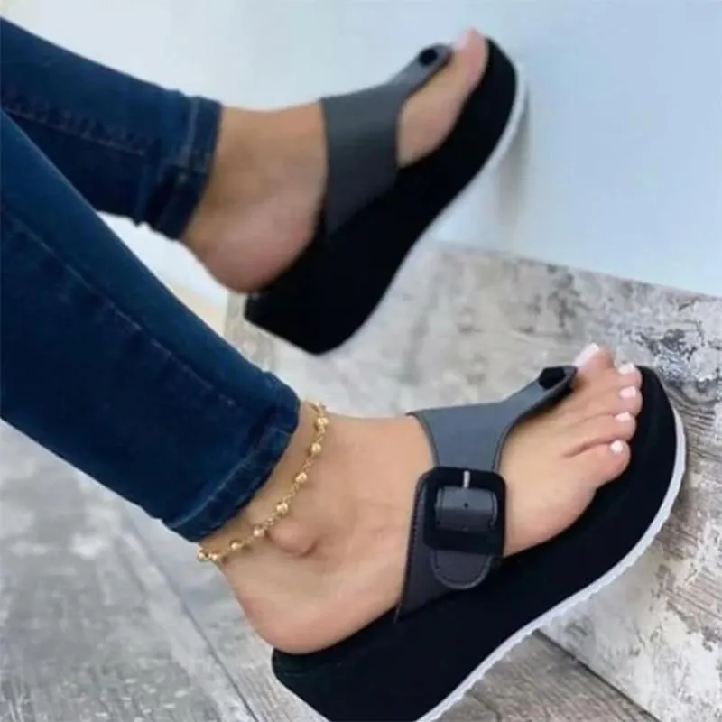 2021 Summer Women Slipper Buckle Decoration Beach Sandals Female Wedge Shoes Lady Bath Home Outdoor Slippers Fashion Flip-flops 1020-2