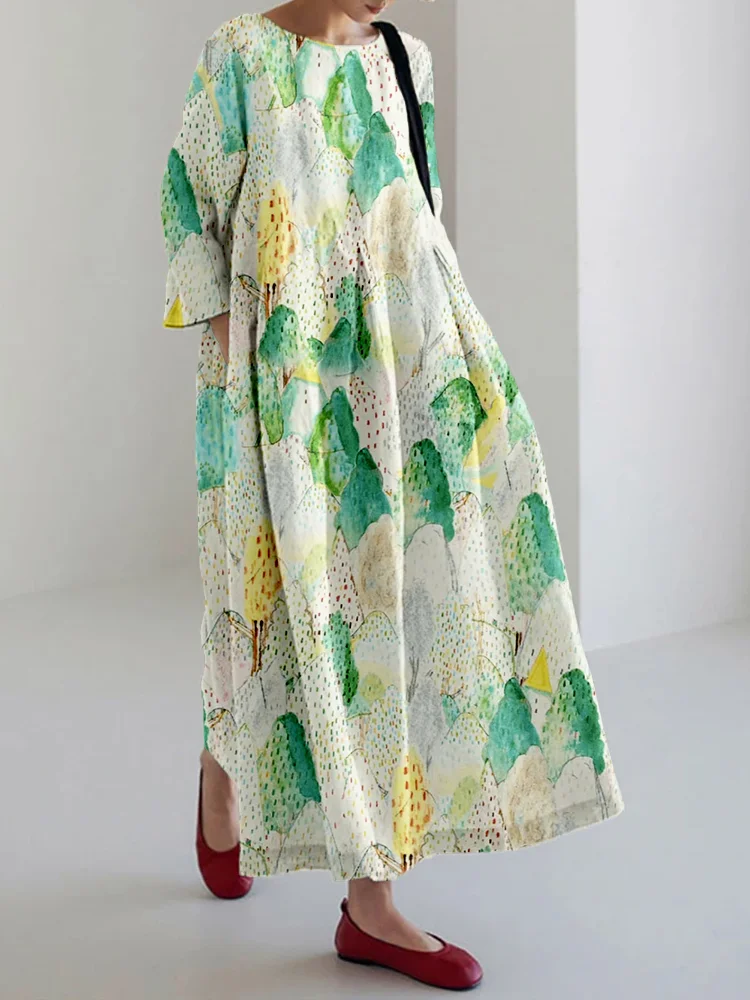 Mountains Japanese Art Pattern Linen Blend Maxi Dress
