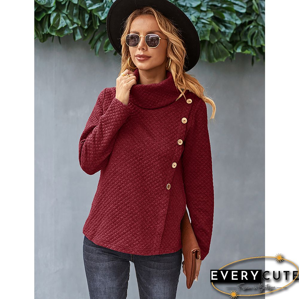 Wine Red Button Detail High Collar Sweatshirt