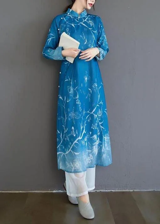 French Stand Collar Spring Dresses Design Blue Print Robes Dress
