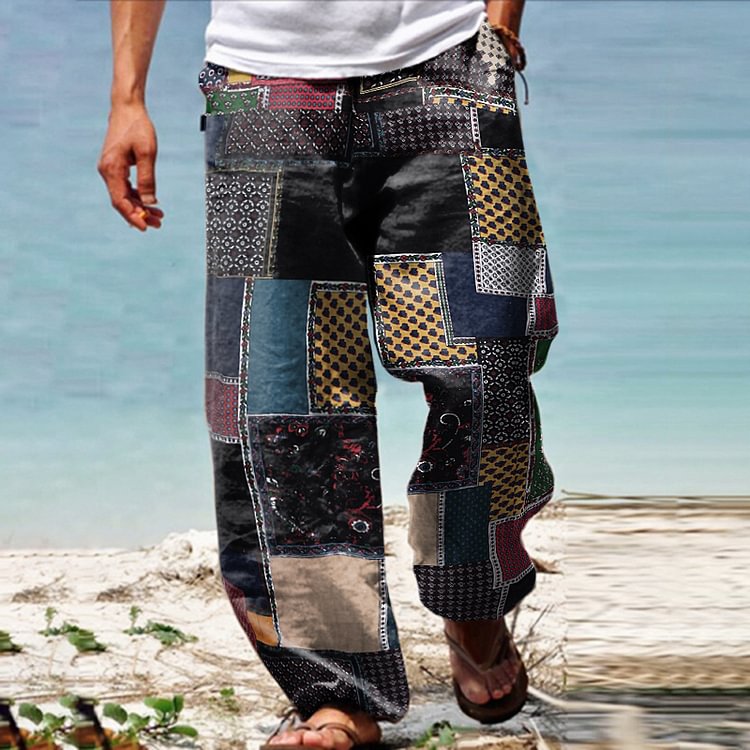 Men's Linen Western Ethnic Irregular Boho Print Double Pocket Stretch Loose Pants