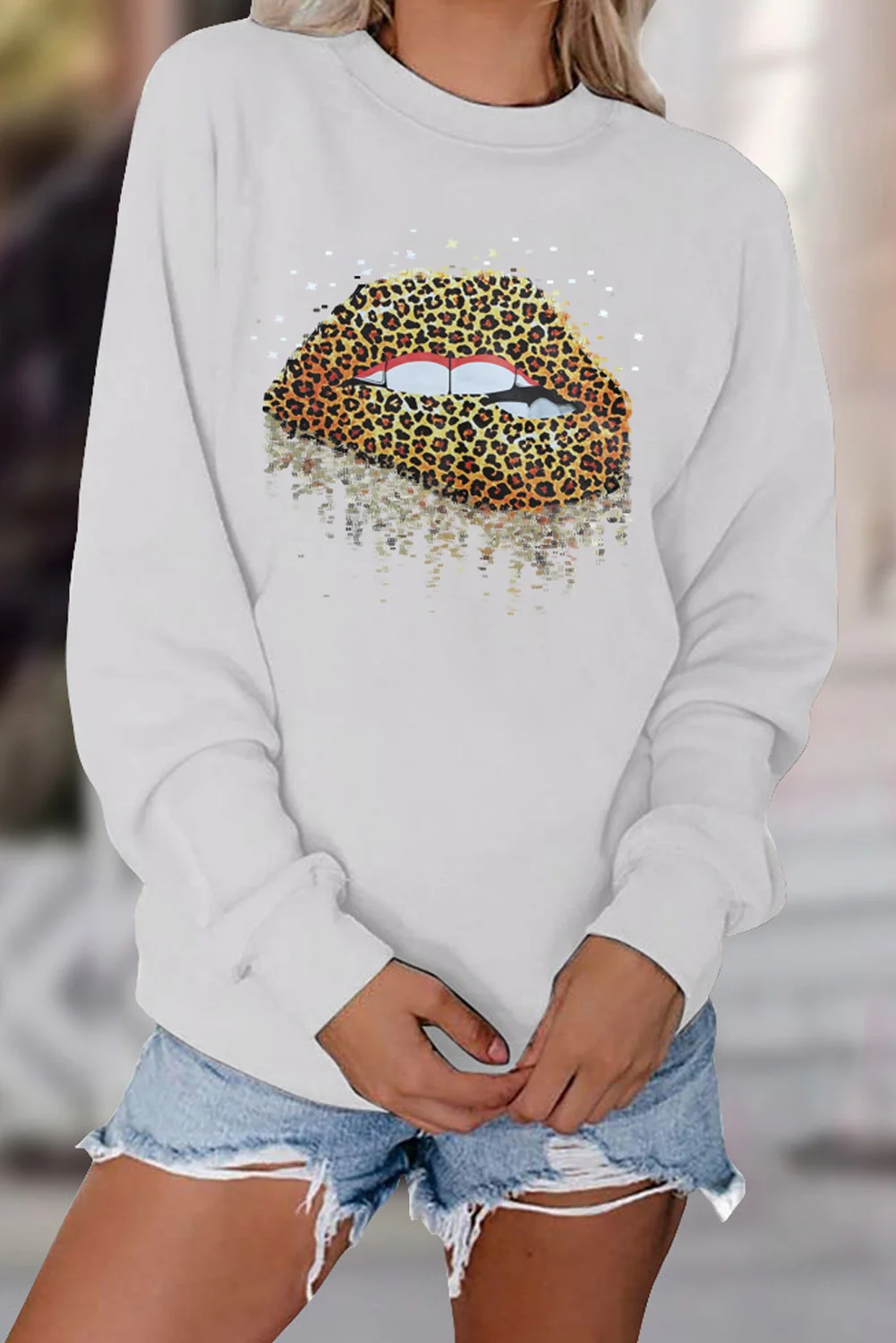 White Crew Neck Leopard Lips Graphic Sweatshirt | IFYHOME