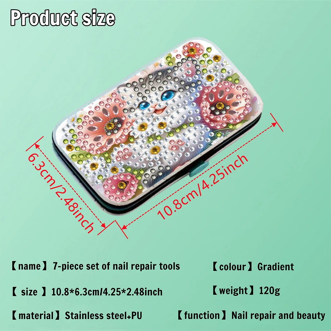 Cat Flower Diamond Painting Nail Art Bag Set Includes 7 Professional Tools
